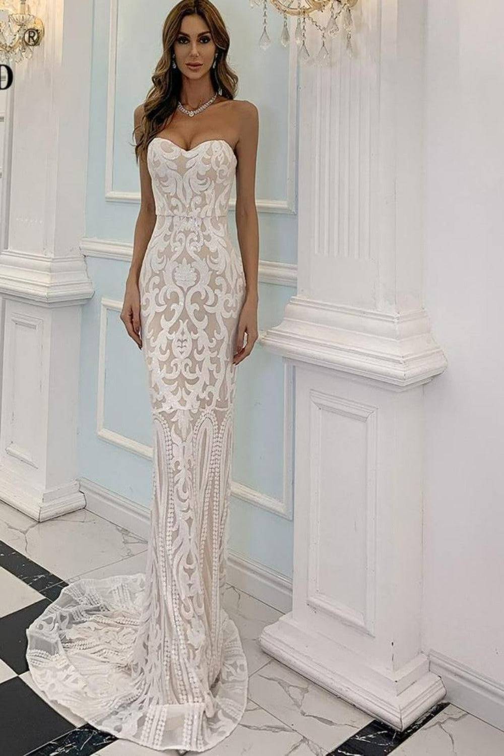White Strapless Bodycon geometric Sequins Maxi Wedding Dress - TGC Boutique - White Wedding Dress