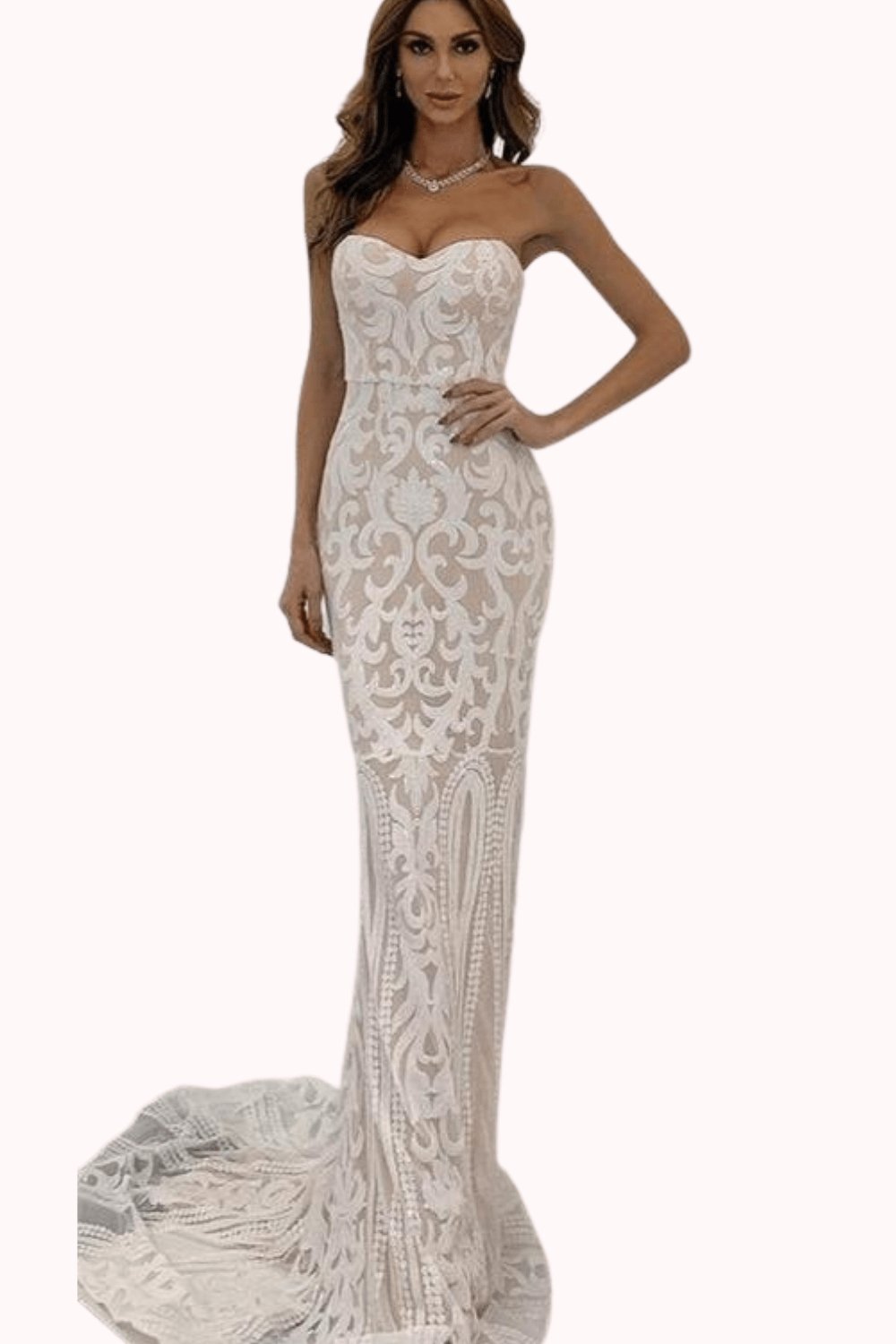 White Strapless Bodycon geometric Sequins Maxi Wedding Dress - TGC Boutique - White Wedding Dress