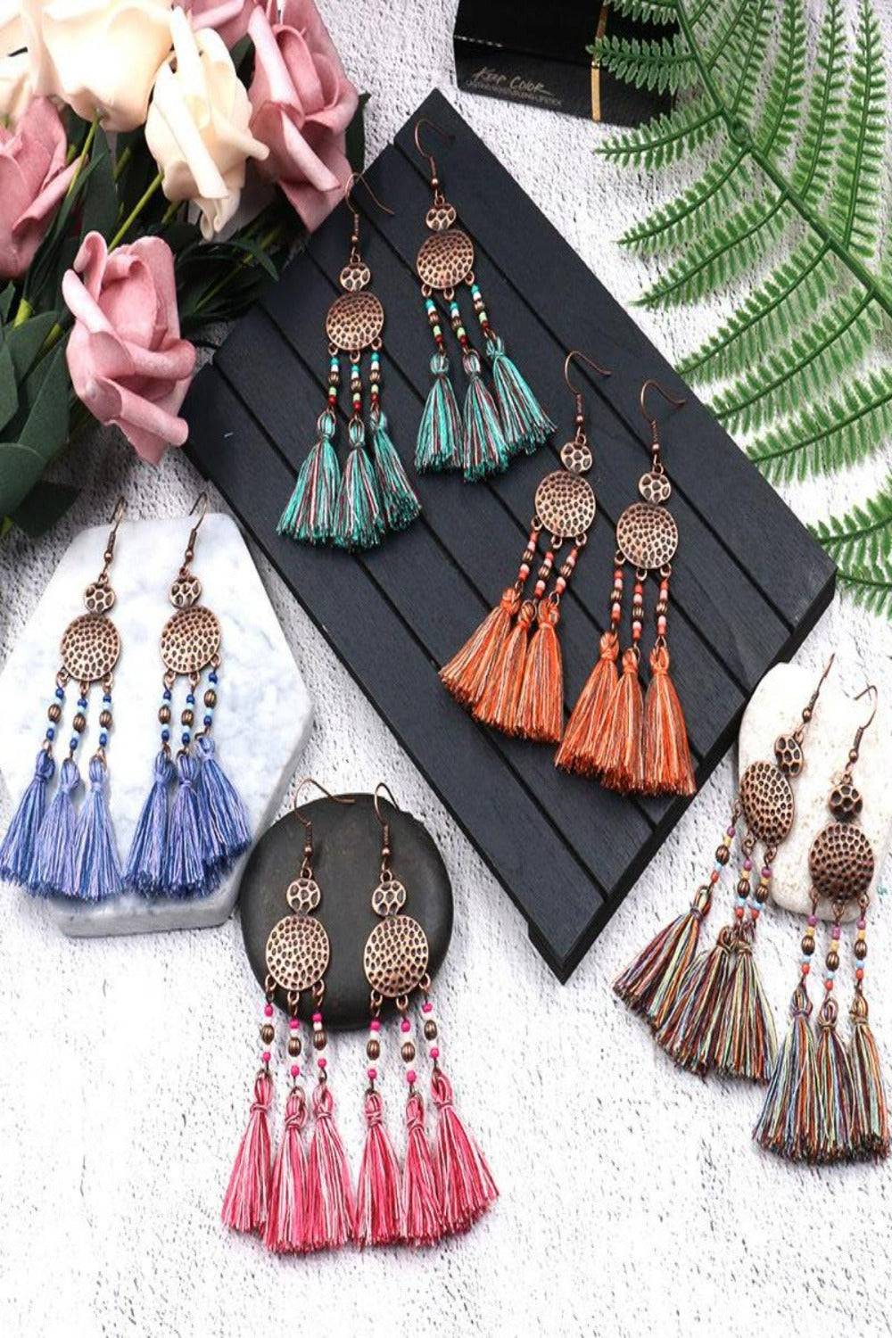 Woven Silk Geometric Fan Tassel Bohemian Earrings - TGC Boutique - Dangle Earrings