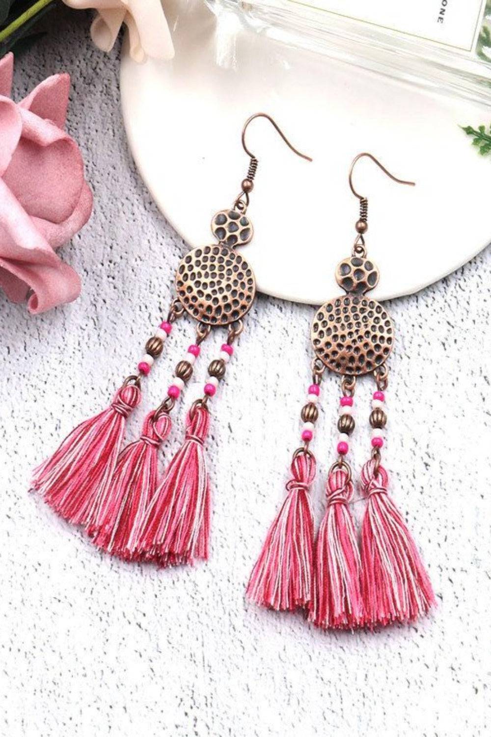 Woven Silk Geometric Fan Tassel Bohemian Earrings - TGC Boutique - Dangle Earrings