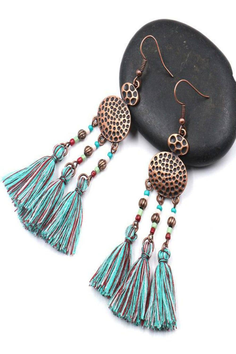 Woven Silk Geometric Fan Tassel Bohemian Earrings - TGC Boutique - Dangle Earrings