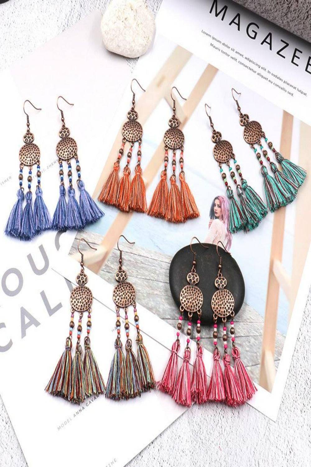 Woven Silk Geometric Fan Tassel Bohemian Earrings - TGC Boutique - Dangle Earrings
