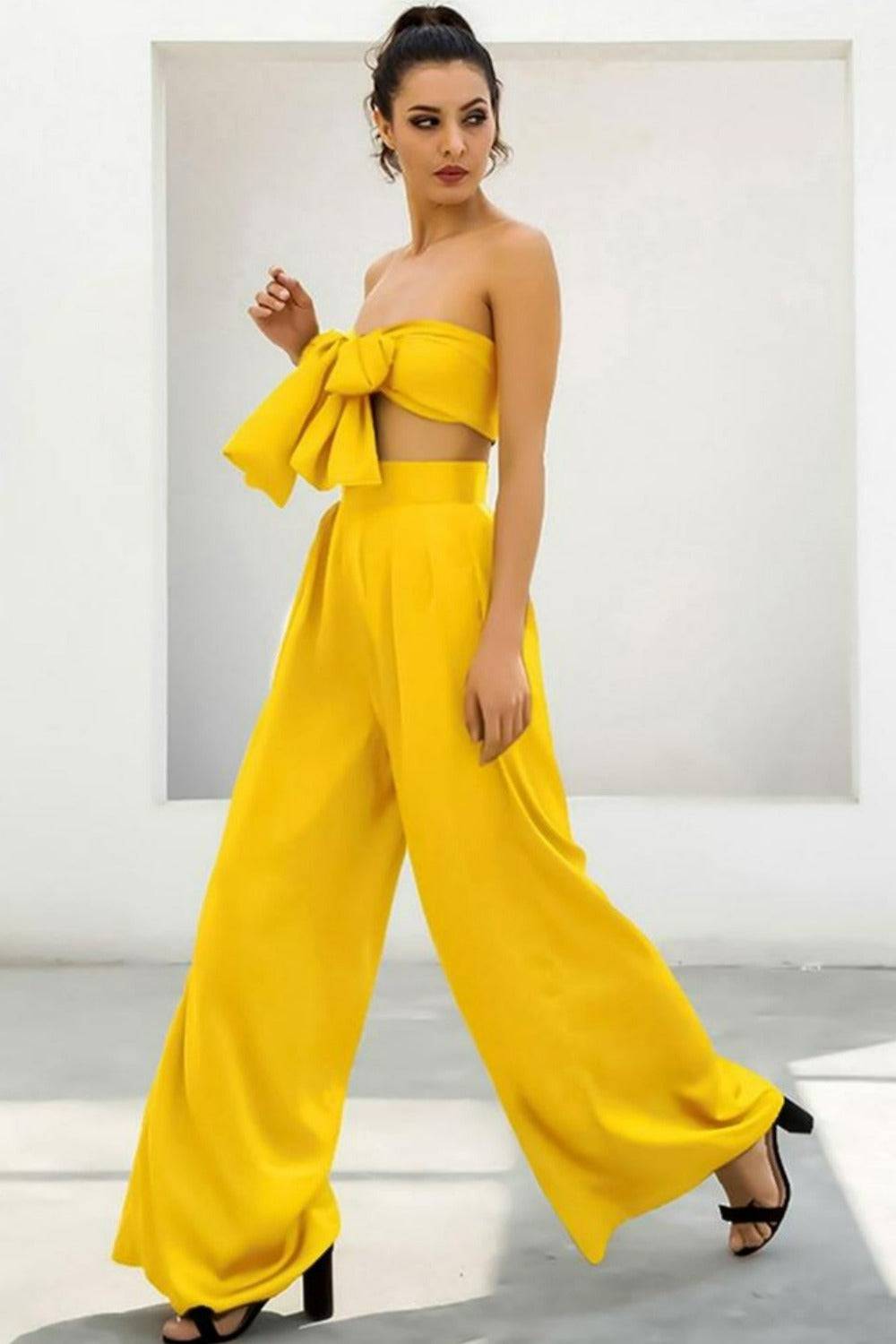 Yellow Strapless Tie Front High Waist Wide Leg Jumpsuit Pants Set - TGC Boutique - Top Pants 2 Piece Set