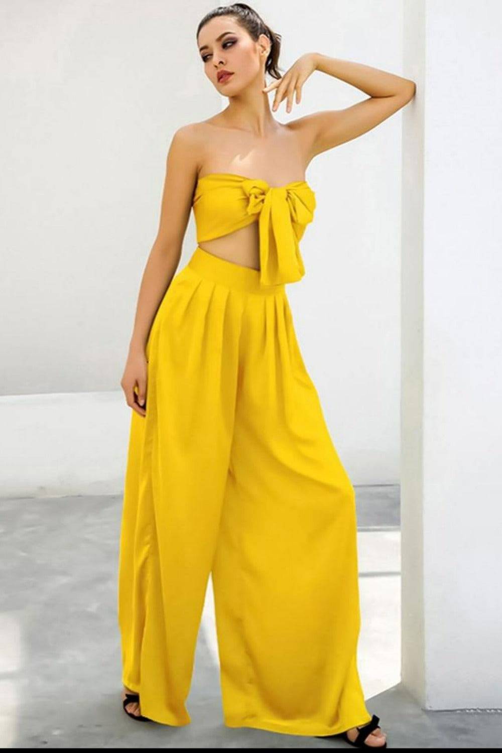 Yellow Strapless Tie Front High Waist Wide Leg Jumpsuit Pants Set - TGC Boutique - Top Pants 2 Piece Set