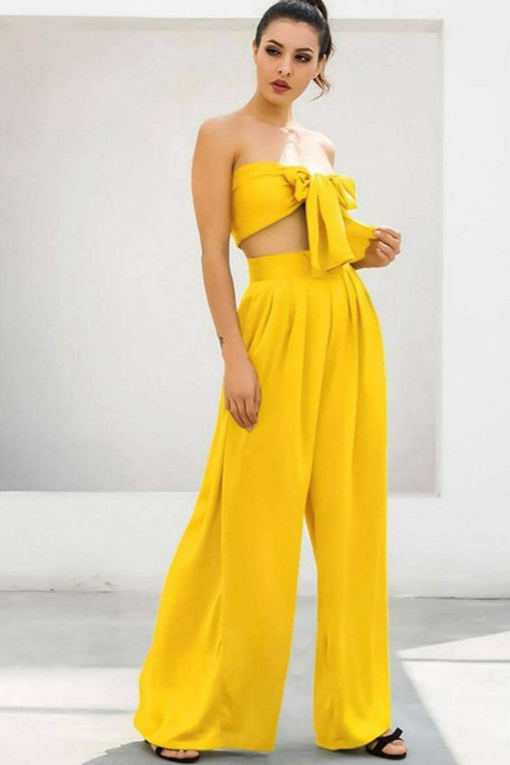 Yellow Strapless Tie Front High Waist Wide Leg Jumpsuit Pants Set - TGC Boutique - Top Pants 2 Piece Set