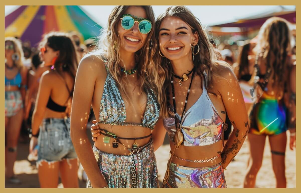  The Magic of Coachella Valley Two women in holographic outfits, smiling, posing for pictures at a festival with tents in the background.