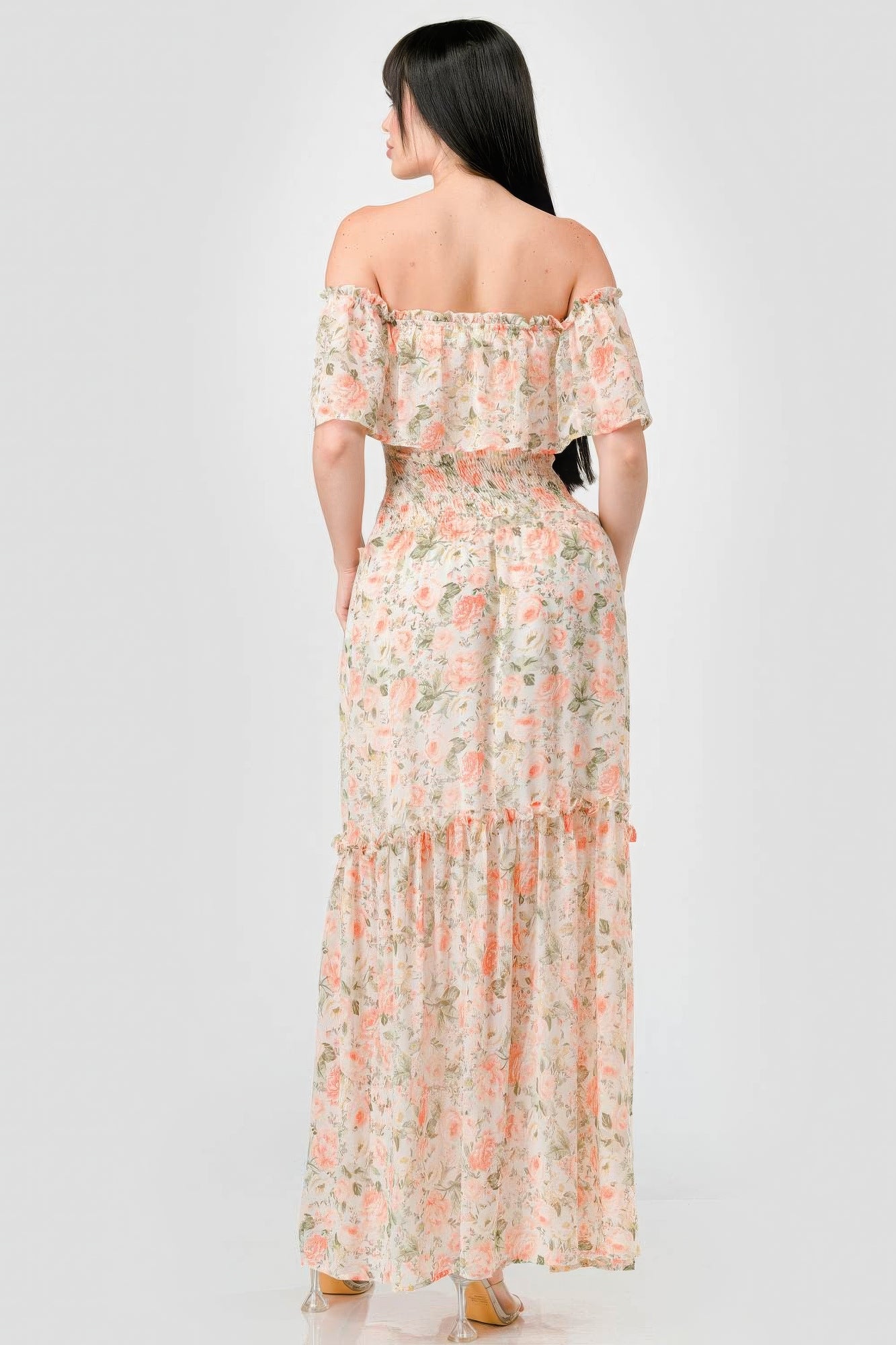 Floral Chiffon Off Shoulder Tiered Maxi Dress