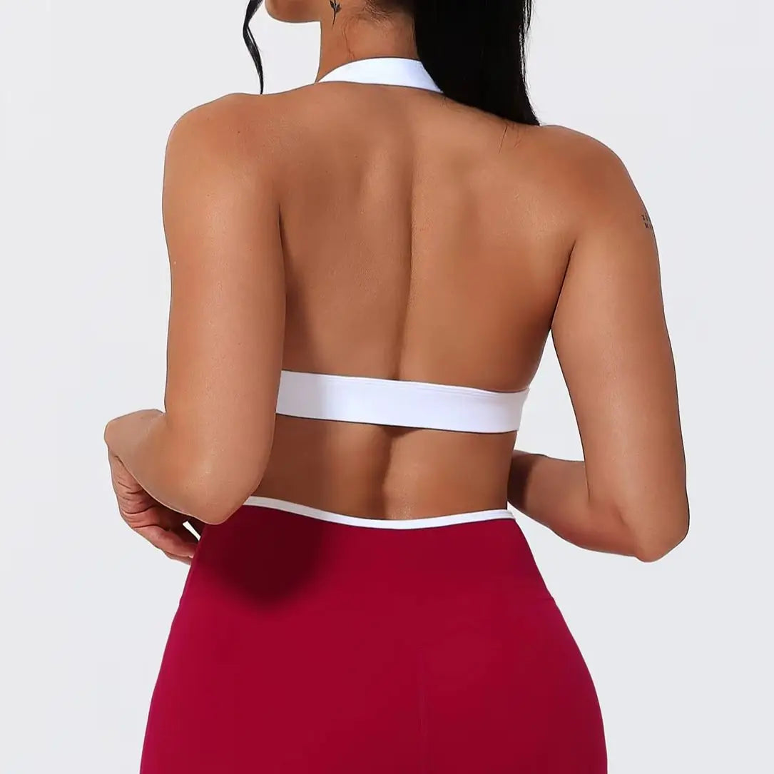 Caramel leggings set with white contrast trim, front view on model