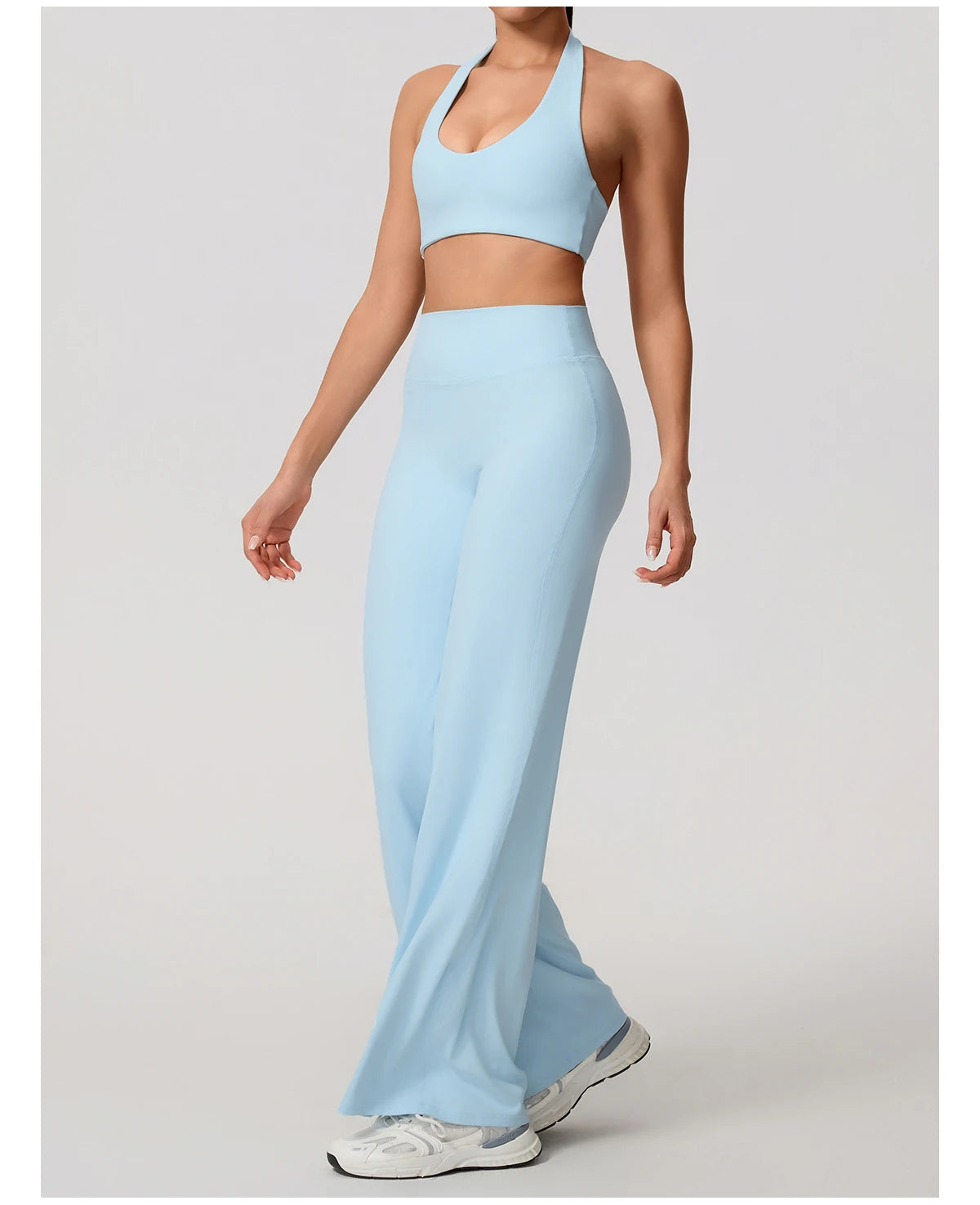 Blue workout sets in cloud blue, front view on model