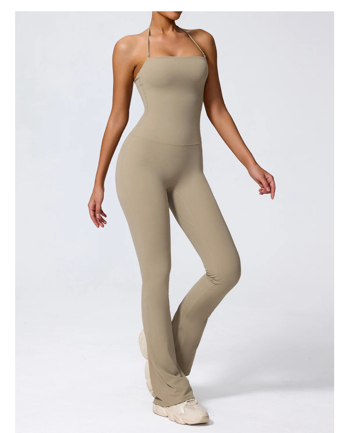 Sand casual jumpsuit for women, three-quarter view