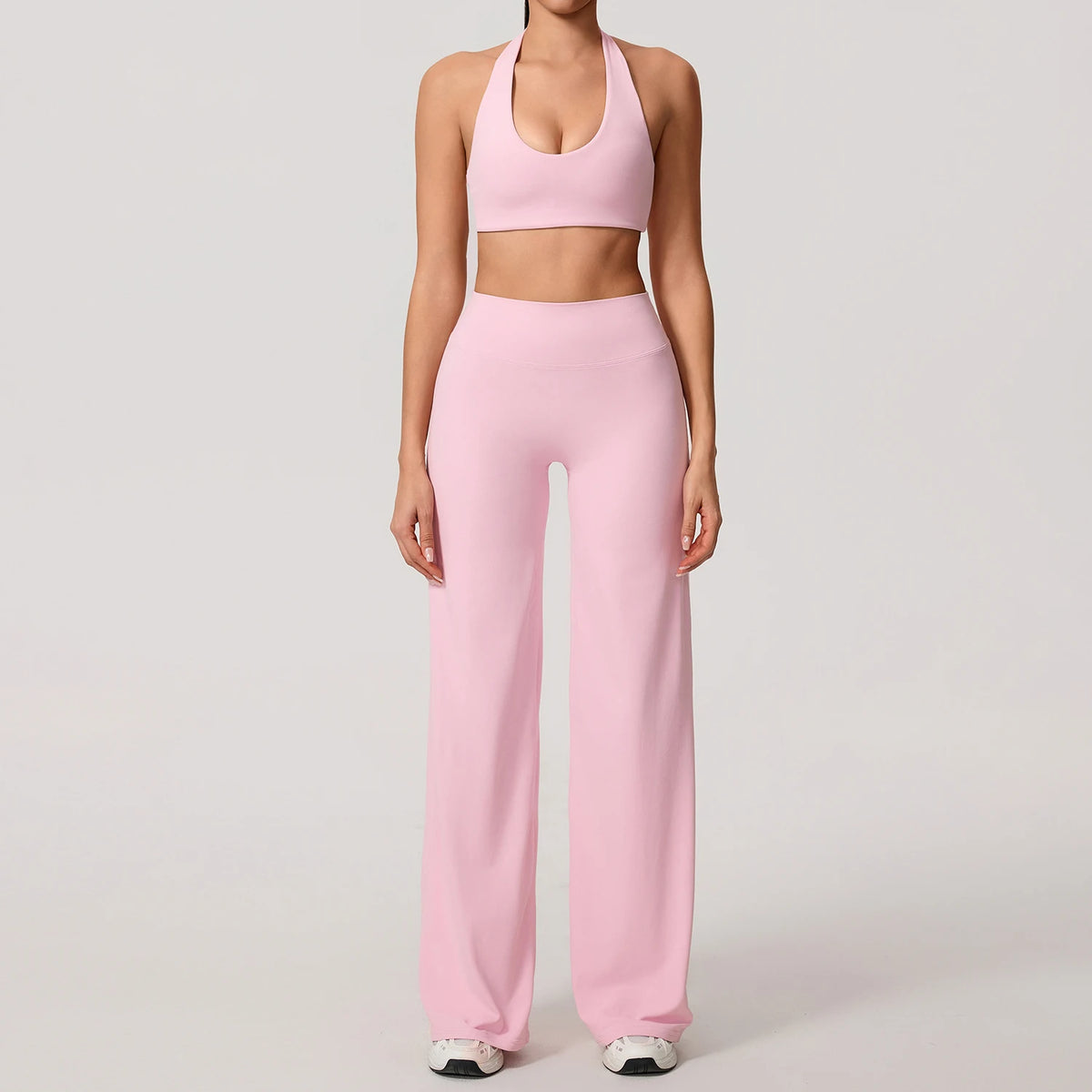 Peach pink workout set colour swatch, full length front view