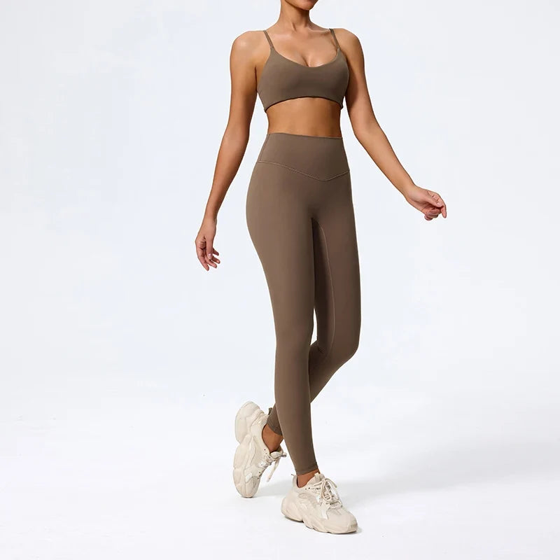 Caramel brown leggings and sports bra set, full length front view