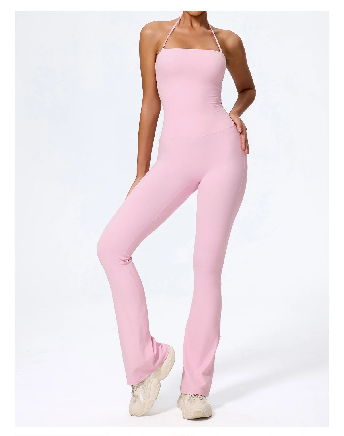 Pink jumpsuit women front view, square neckline and fitted waist