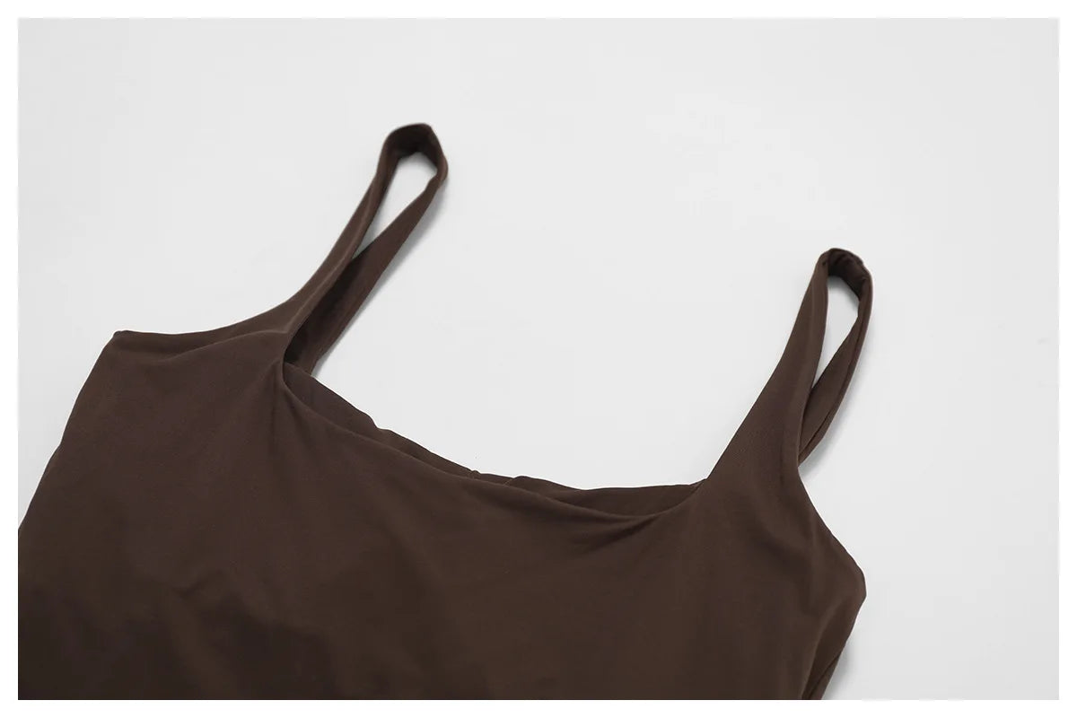 Tank top shoulder strap detail in coffee brown