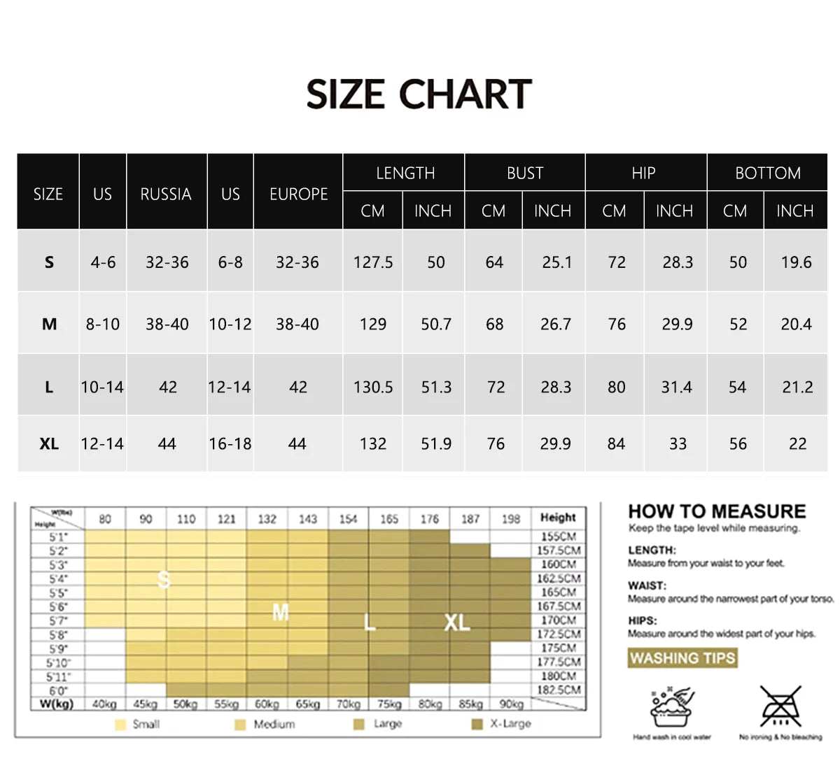 Jumpsuit size chart, bust waist hip and length in centimetres and inches for sizes S to XL