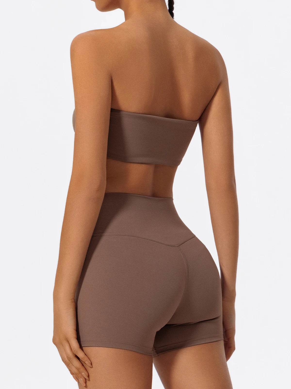 Brown workout set back view showing the centre seam