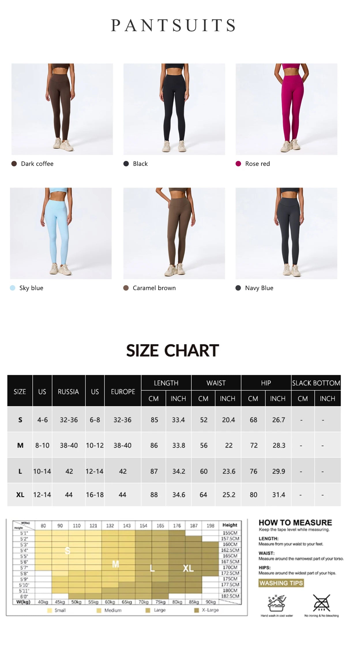 Height and weight size guide for the biker shorts and sports bra set