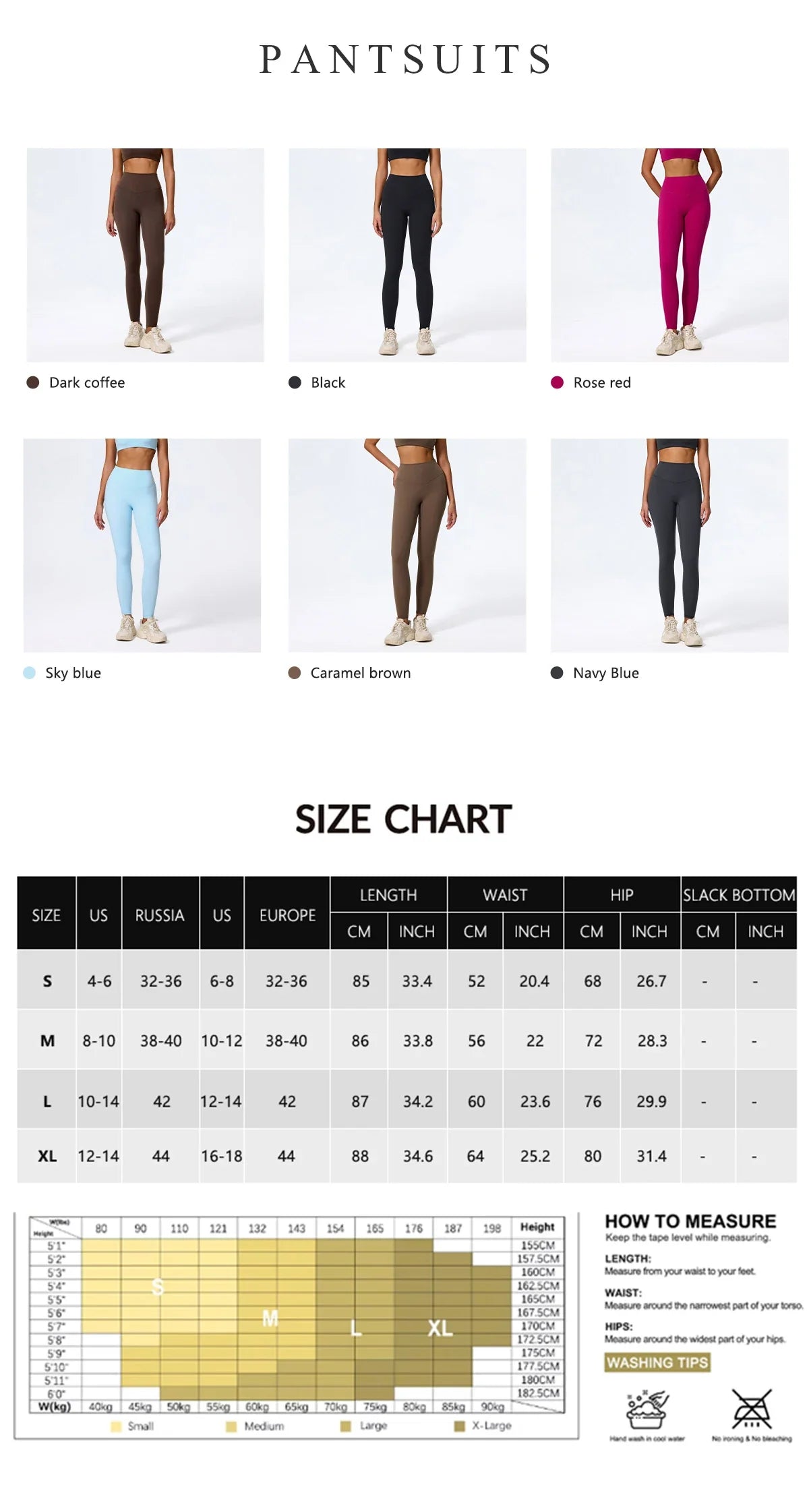 Leggings size chart with length, waist and hip in centimetres and inches