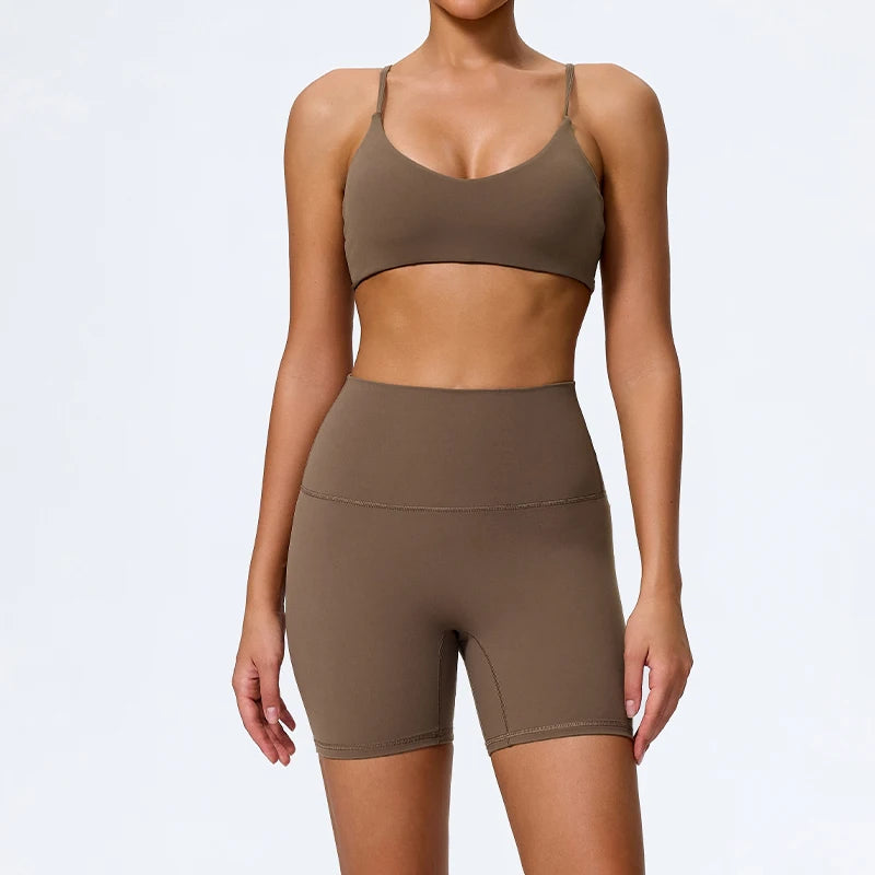 Caramel brown biker shorts colour swatch, full length front view