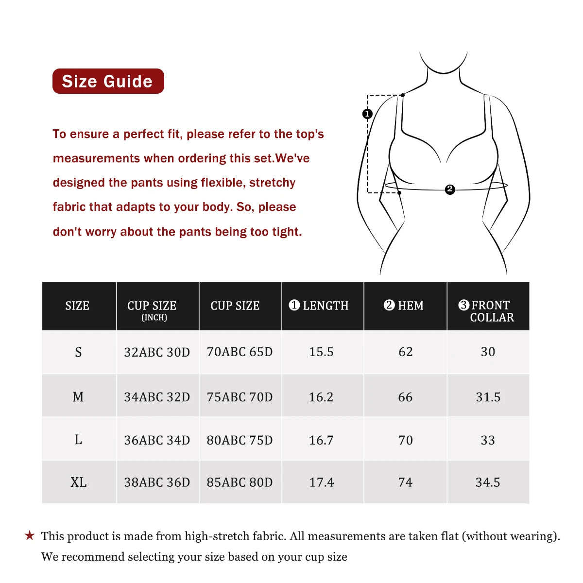 Contrast sports bra size guide with cup size, length, hem and front collar in centimetres