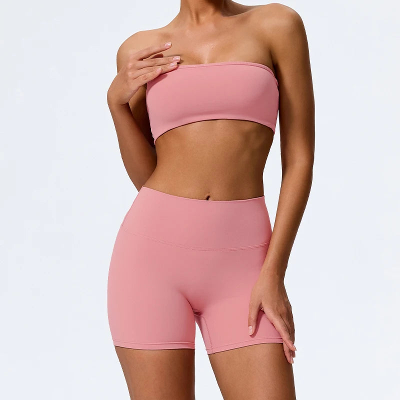 Pink workout sets in coral, colour swatch front view