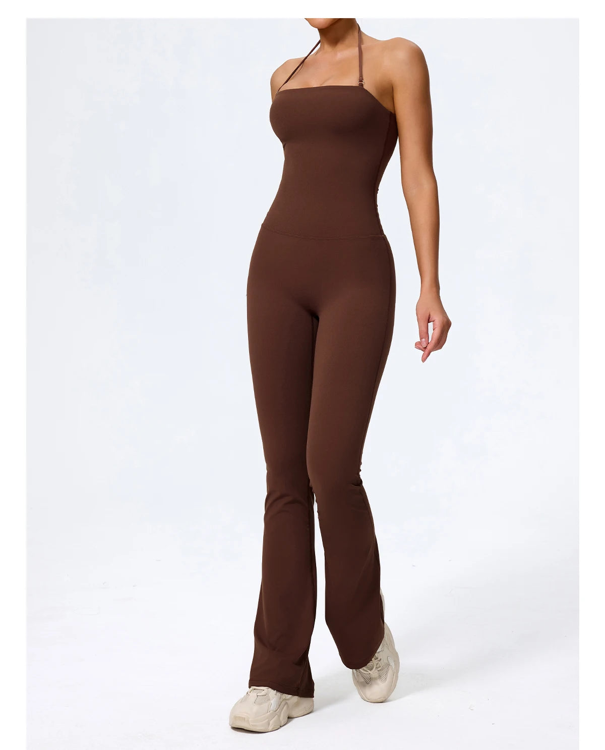 Coffee brown jumpsuit three-quarter view showing the wide leg