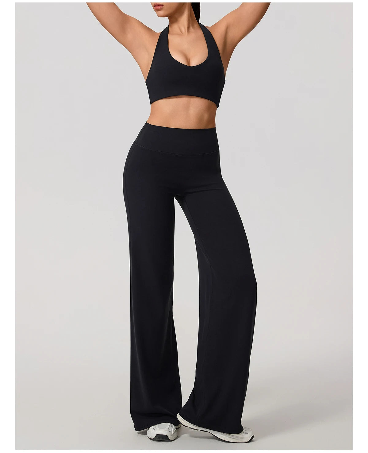 Black workout sets, halter bra and wide leg trousers front view