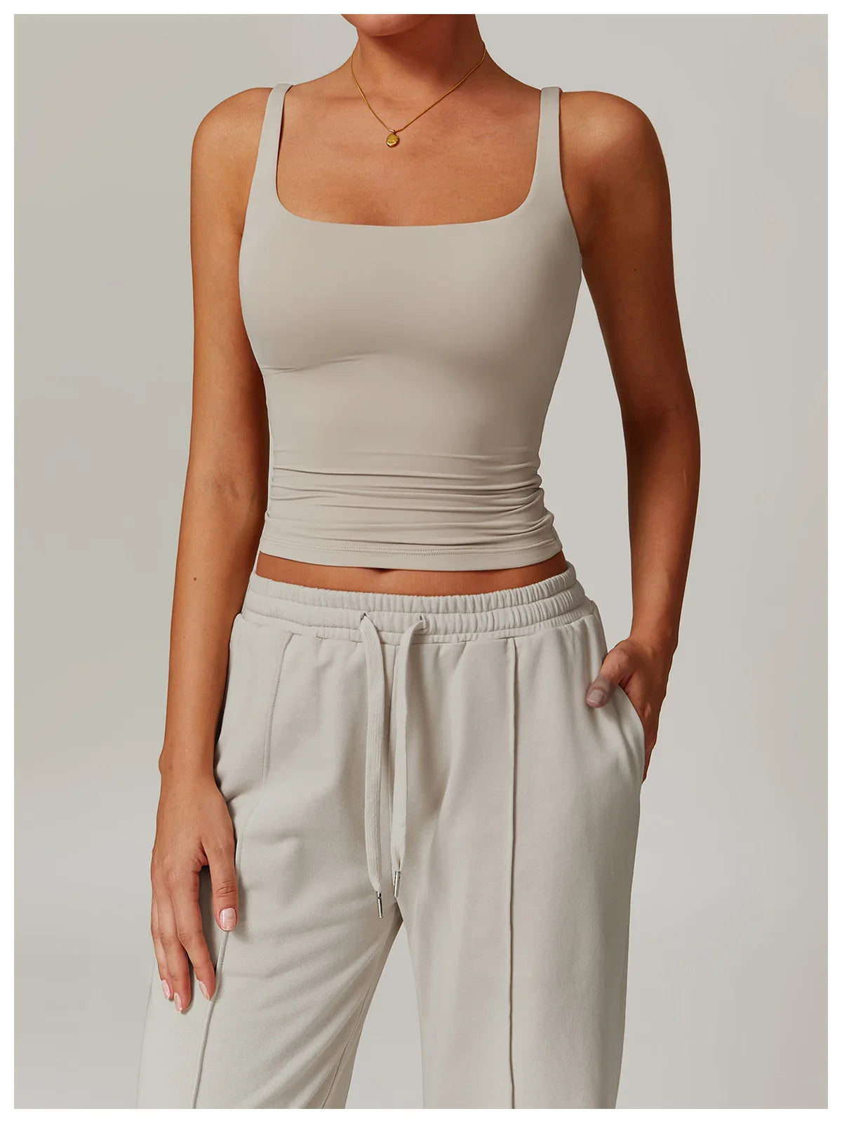 Khaki tank top with built in bra, front view