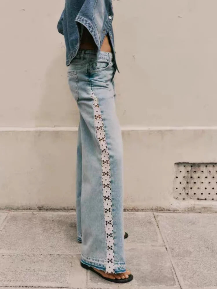 Light blue lace trim jeans on model, side view showing crochet seam