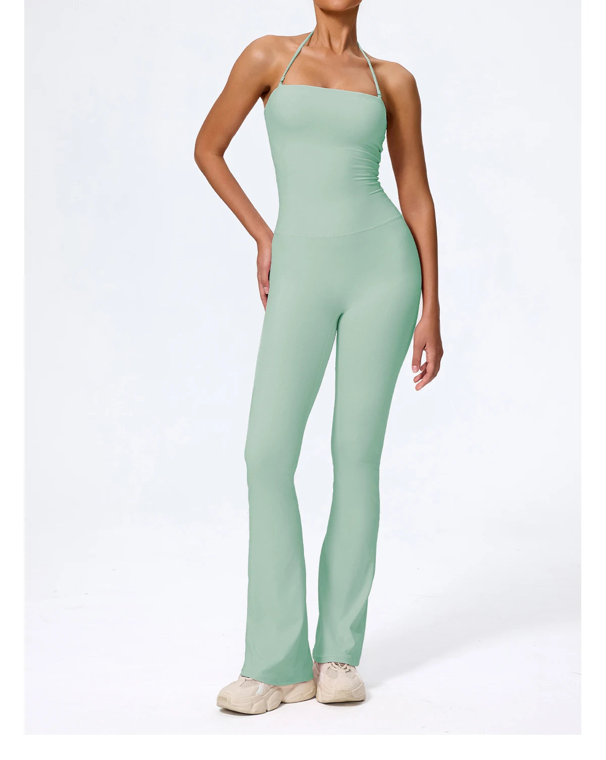 Sage green jumpsuit front view with halter neck