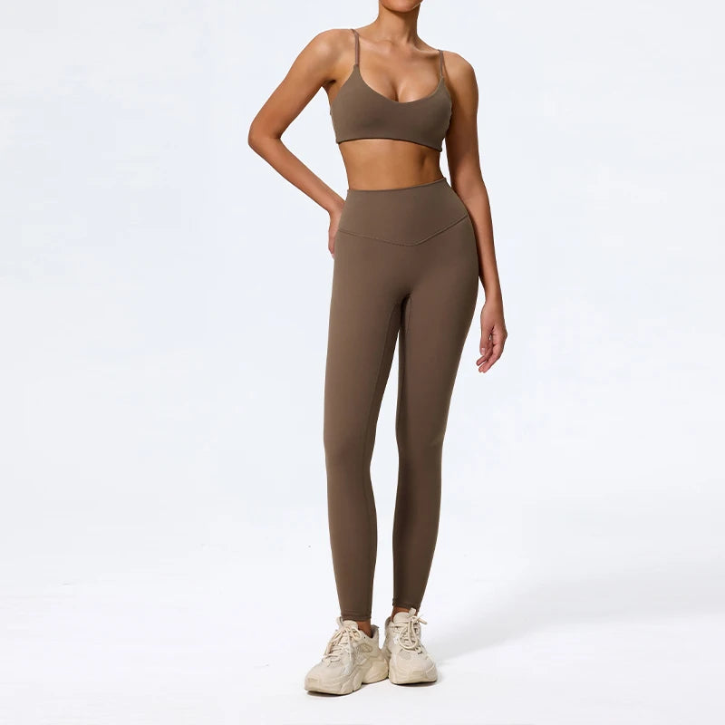 Caramel brown leggings set colour swatch, full length front view