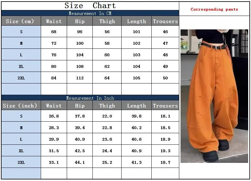 Size chart for orange barrel pants, S to 2XL, waist hip thigh length in cm and inches