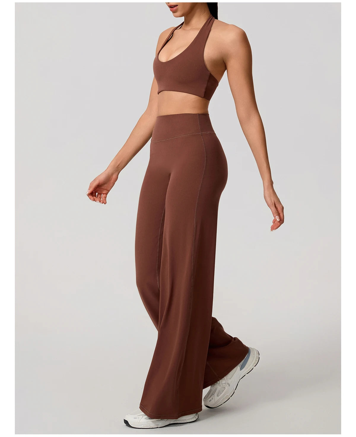 Brown workout sets in coffee, halter bra and trousers front view