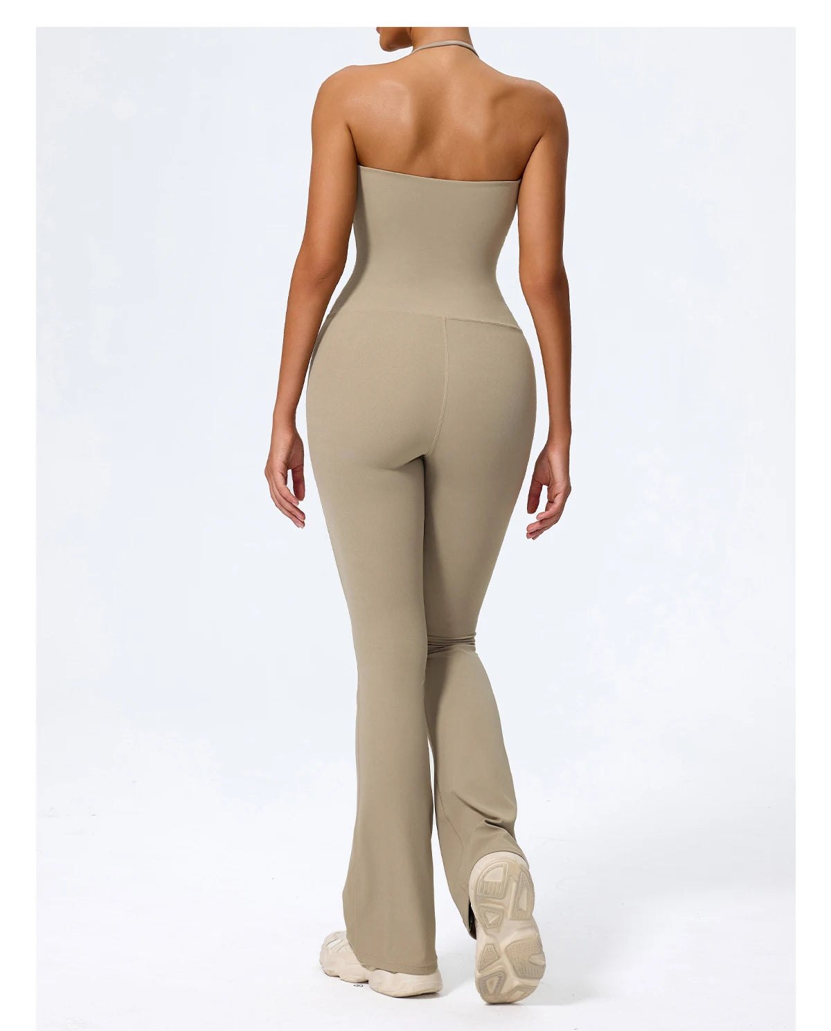 Sand jumpsuit back view with open halter back