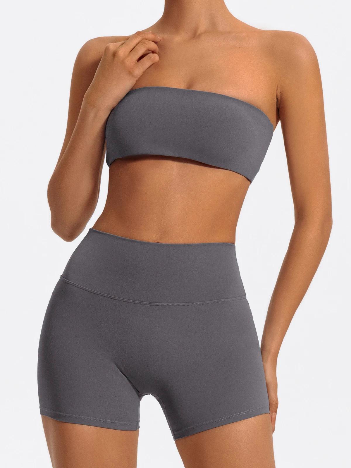 Grey bandeau bra and shorts, front view