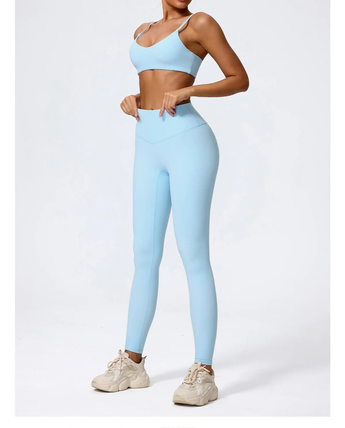 Sky blue high waisted leggings and bra set, back view detail