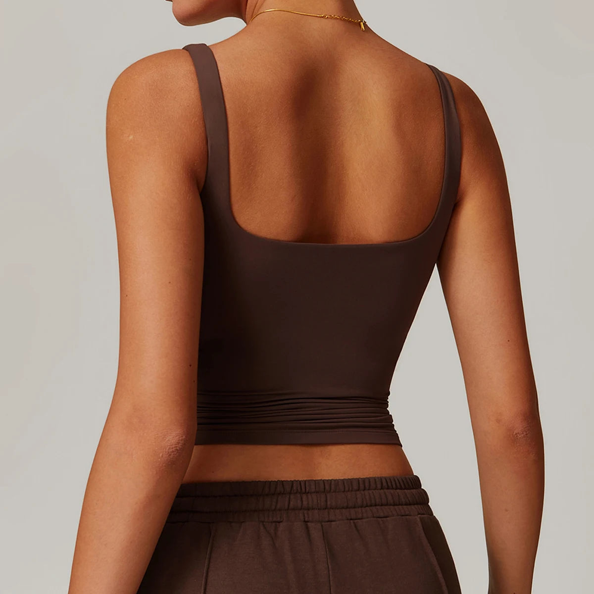 Coffee brown tank top back view showing the U shaped back