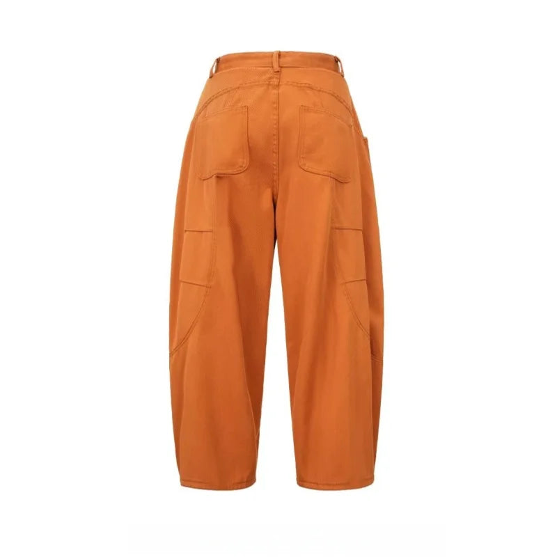 Orange barrel pants flat lay, back view