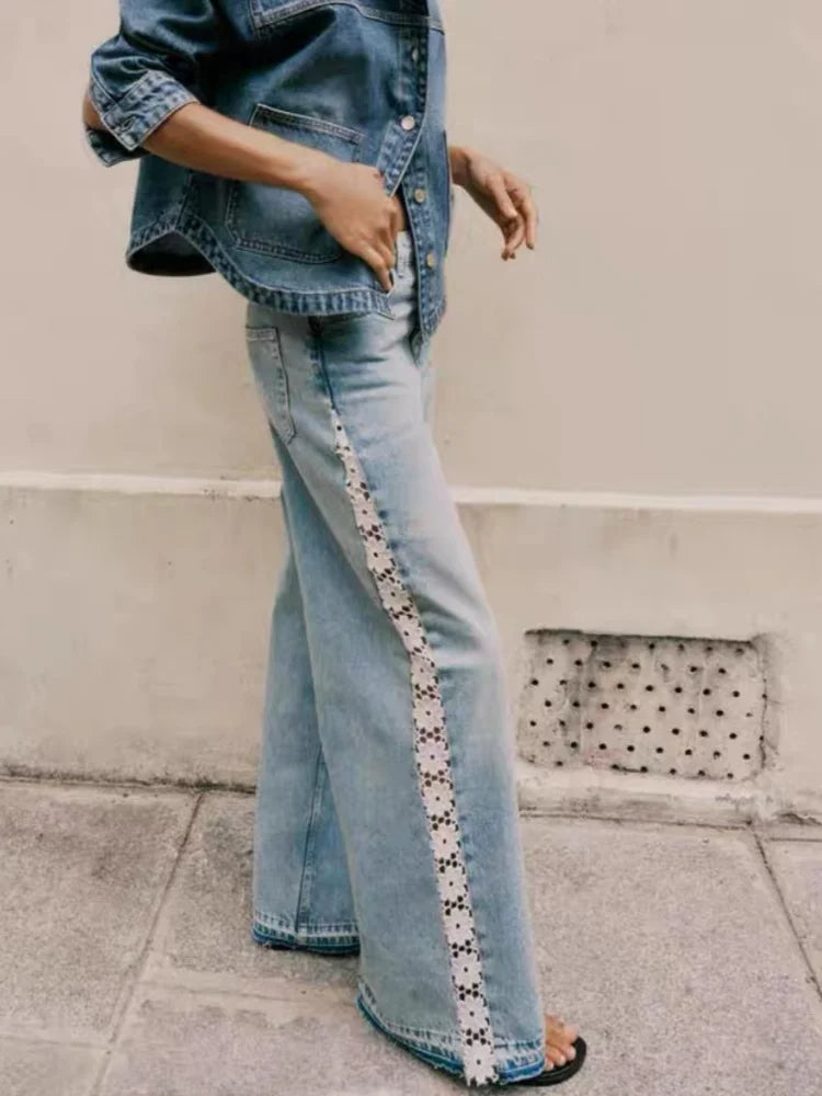 Light blue wide leg jeans with lace trim, three quarter view
