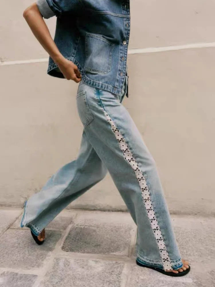 Light wash jeans with lace side trim, walking, denim on denim outfit