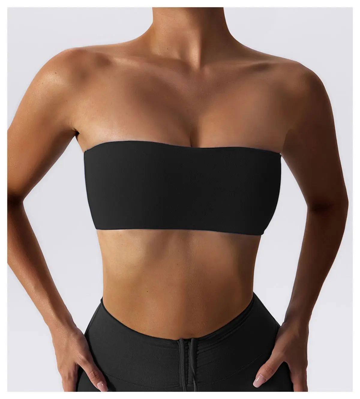 Black strapless bra in bandeau style, front view
