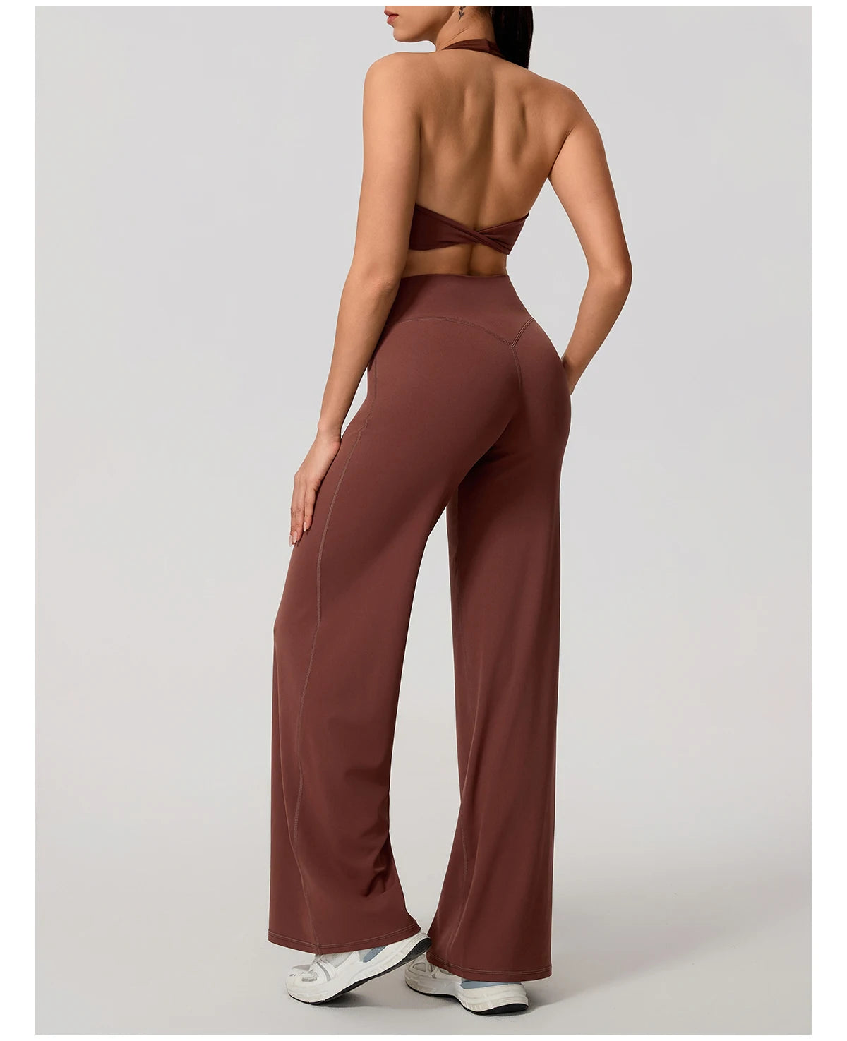 Coffee brown workout set, side view mid stride