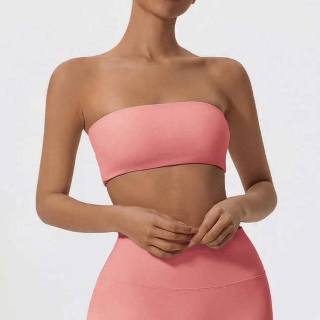 Coral pink bandeau bra front view on model