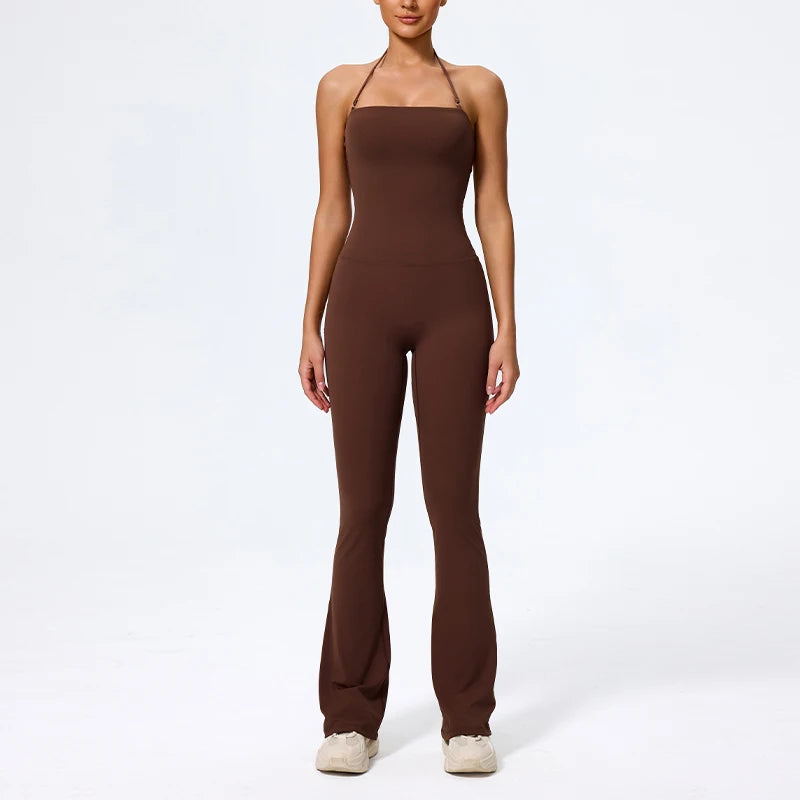 Coffee brown jumpsuit colour swatch, full length front view