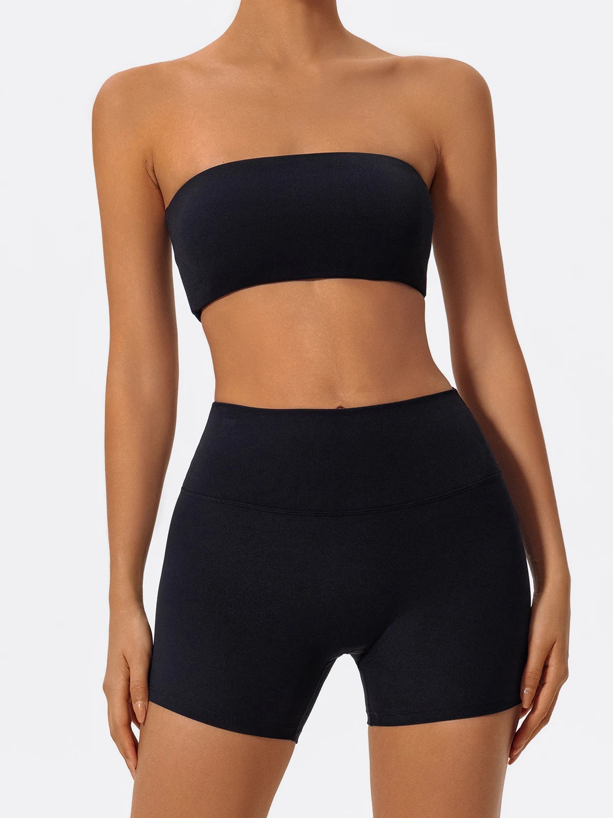 Black workout sets, bandeau bra and shorts front view