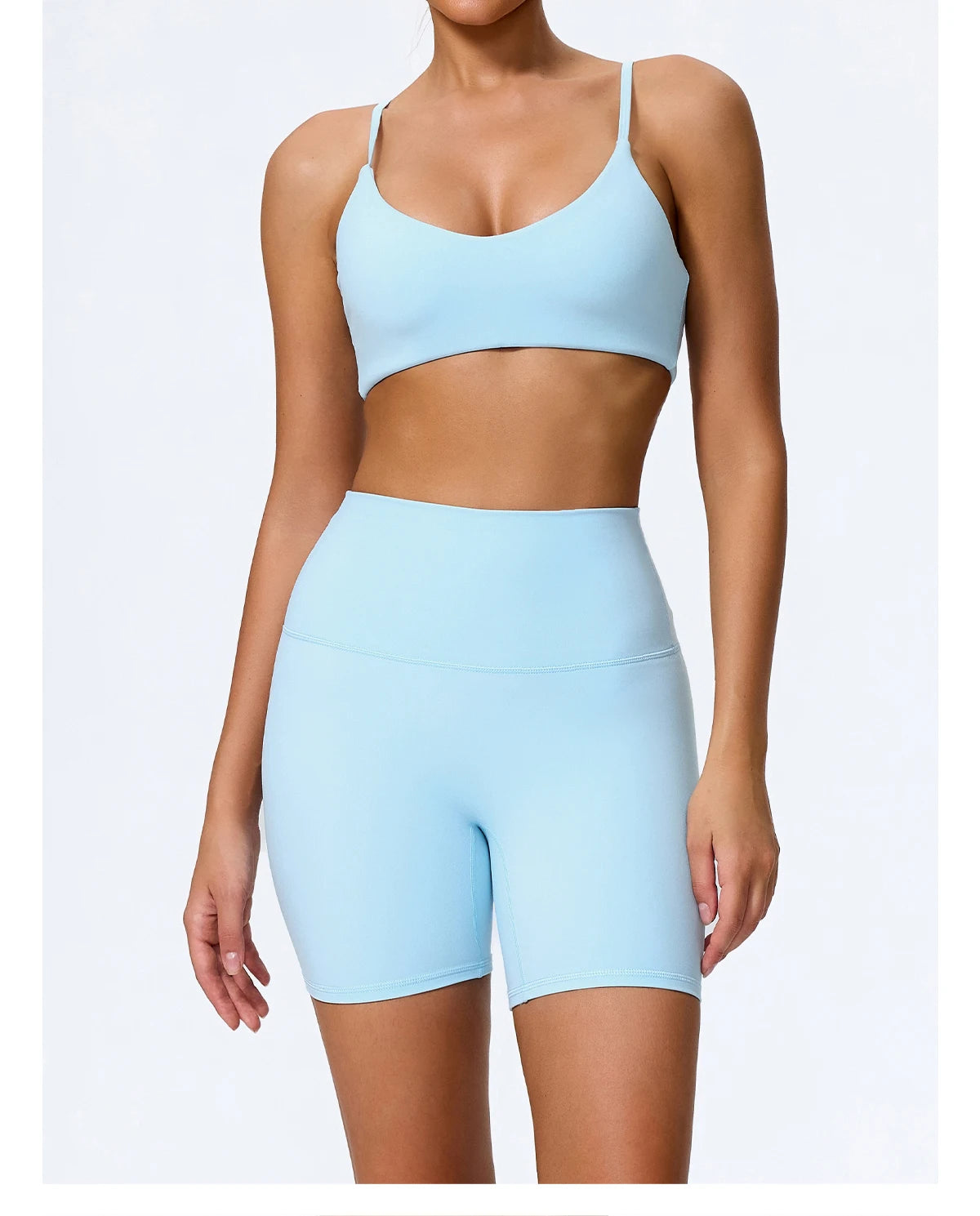 Sky blue biker shorts close view showing the wide waistband