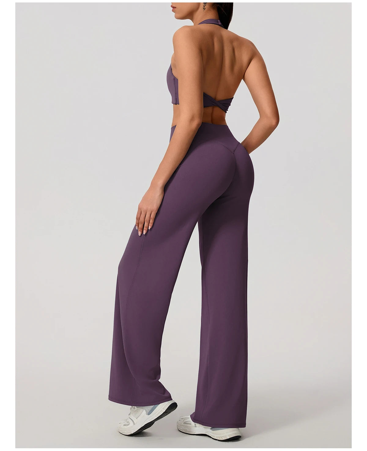 Smoke purple workout set side view showing the wide leg