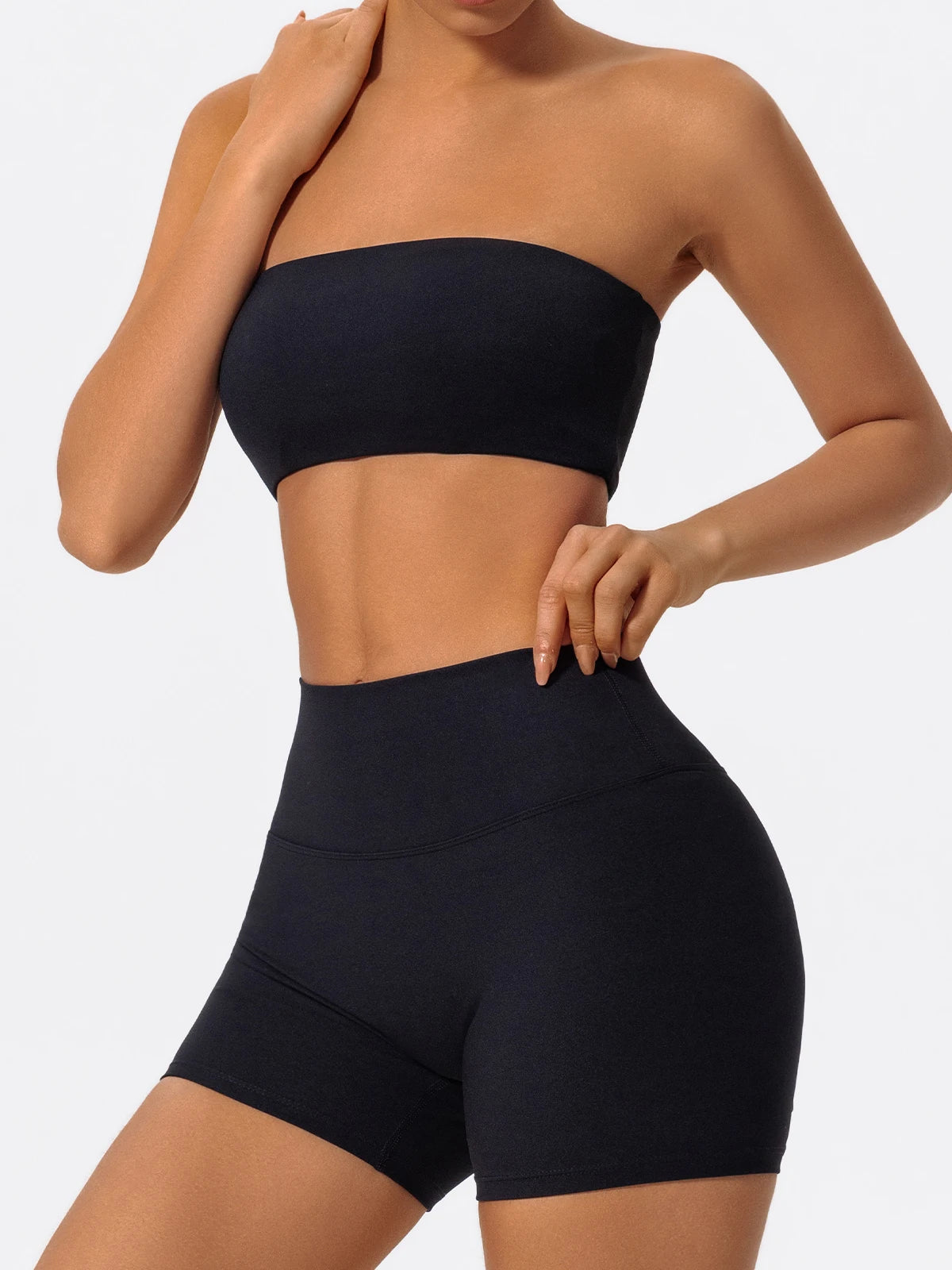 Black workout gym sets, three-quarter view