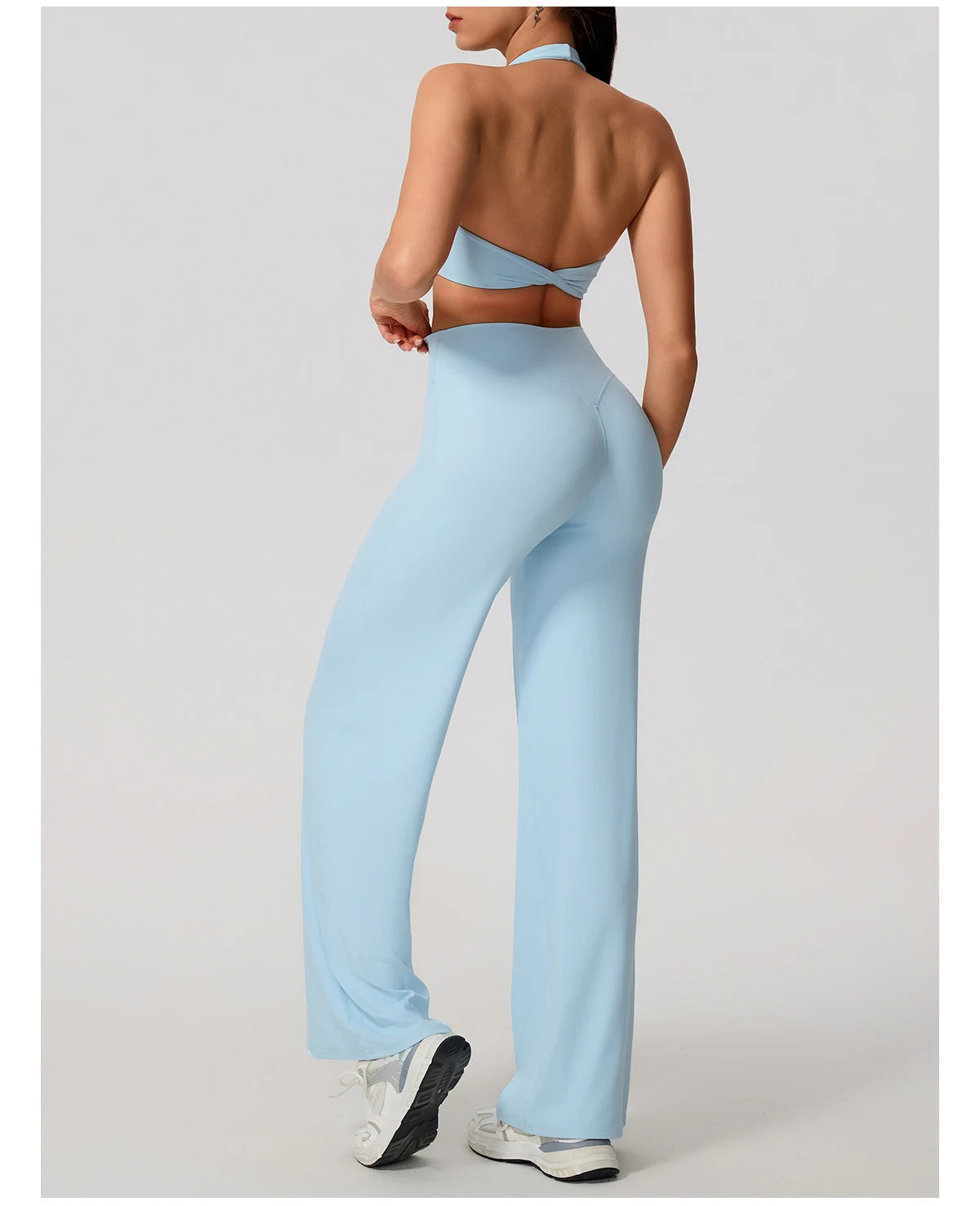 Cloud blue workout set side view showing the trouser flare