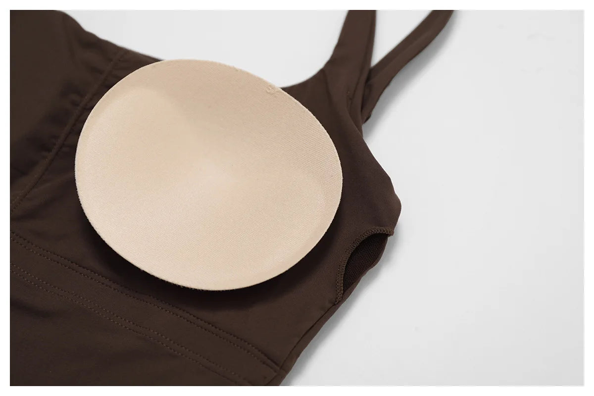Coffee brown tank top strap detail, close view of the fixed width strap